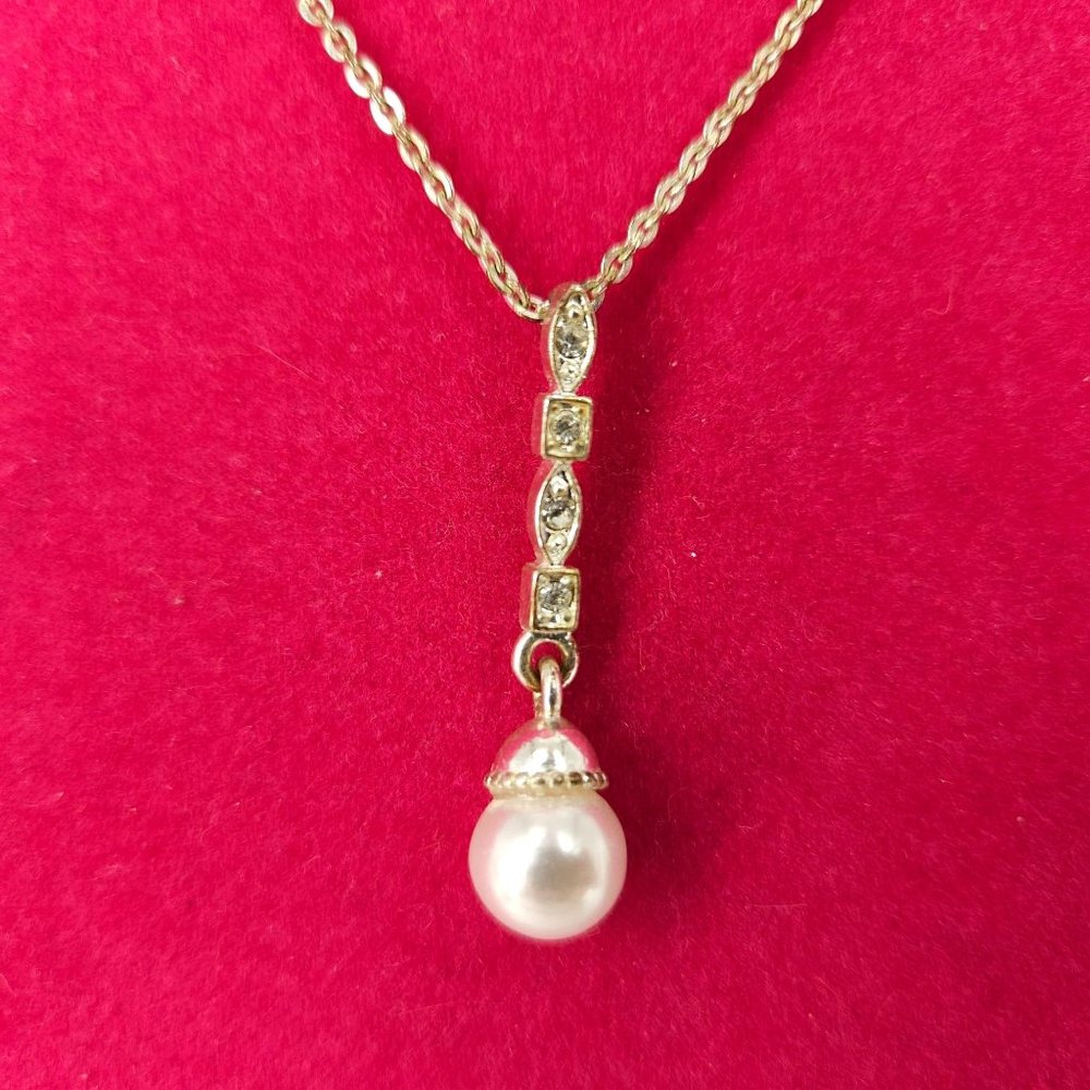 Faux Pearl Bead Rhinestone Necklace Pendant Lariat Y Jewelry 9.5" Silver Dress